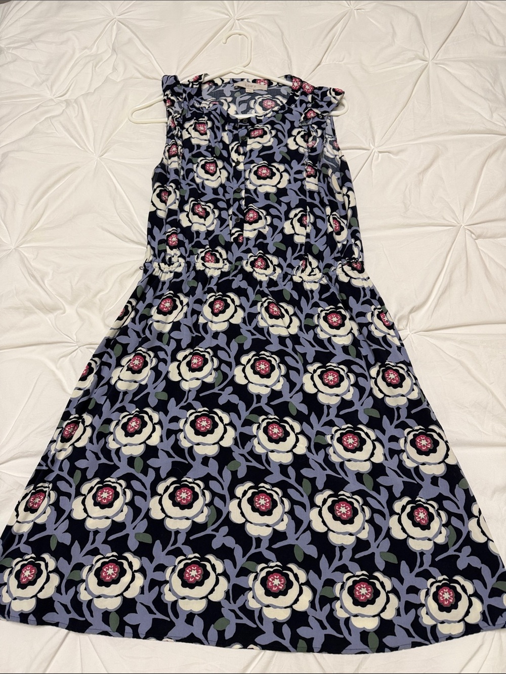 LOFT Navy Floral Ruffle-Sleeve Midi Dress